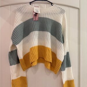 Sincerely Jules Boho Cropped Striped Crew Sweater - White, Mustard & Sage